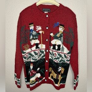 South Cotton Hand Loomed Christmas Holiday Snowman Red Cardigan Size Large